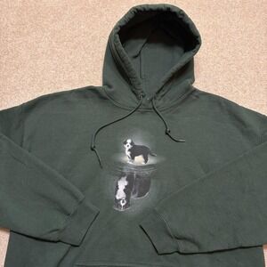 Border Collie Dog Hoodie Sweatshirt Mens XL Green Puppy Dog Reflection Graphic